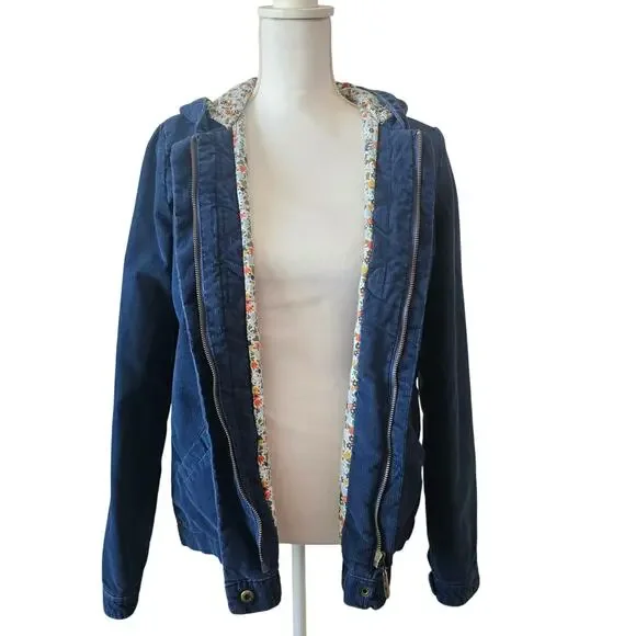 Roxy Navy Corduroy Toggle Jacket Women’s Floral Lined Hooded Coat Large - Picture 4 of 9